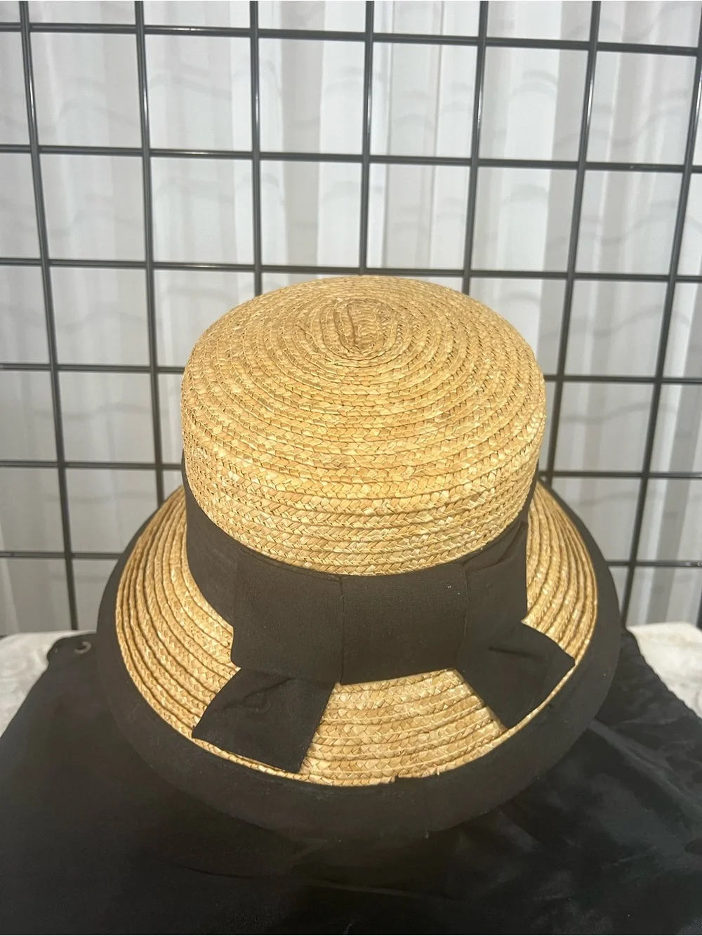 VINTAGE Macy’s Straw Bucket Hat with Black Bands and Bow